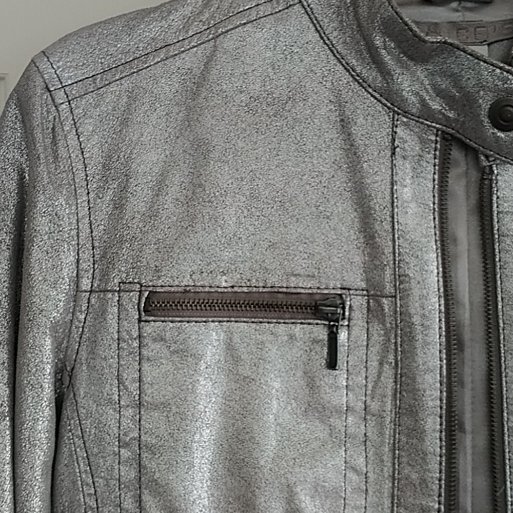 Chico's Silver Metallic Genuine Leather Moto Jacket Chico's 1 (US 8/10) - Picture 5 of 12